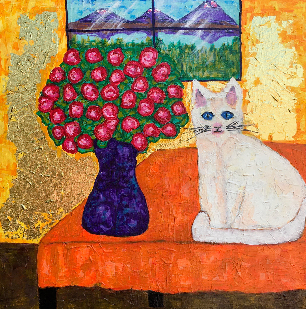 'White Cat with Roses'